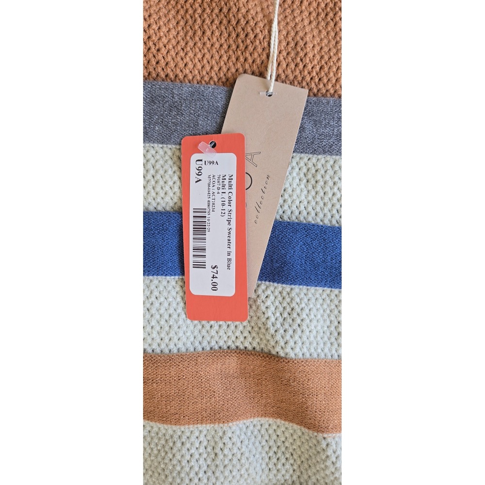 ACOA Striped Crew Neck Sweater Orange Blue Grey Cream Knit Long SleeveTopWomensL - Picture 2 of 5